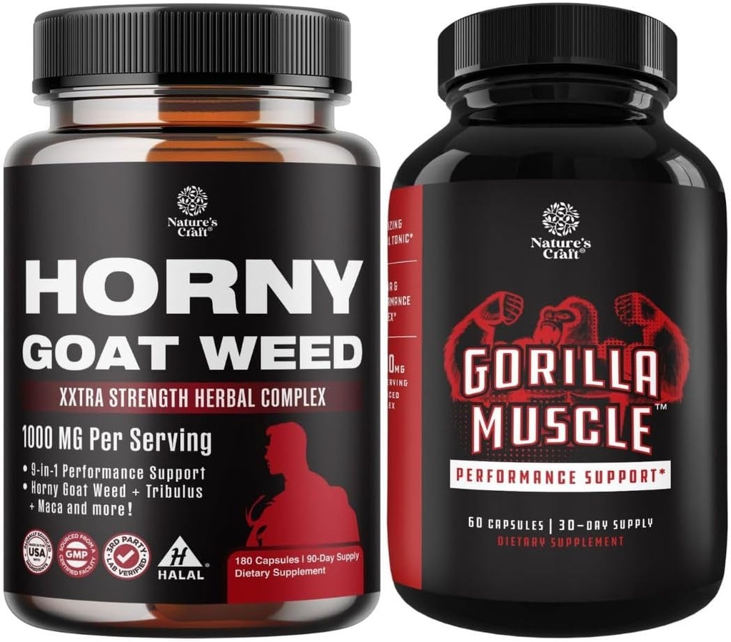Bundle of Horny Goat Weed with Black Maca Root, Tongkat Ali, Saw Palmetto &amp; Panax Ginseng Extract for Stamina & Energy and Extra Strength Testosterone Booster - Muscle Enlargement Supplement for Men