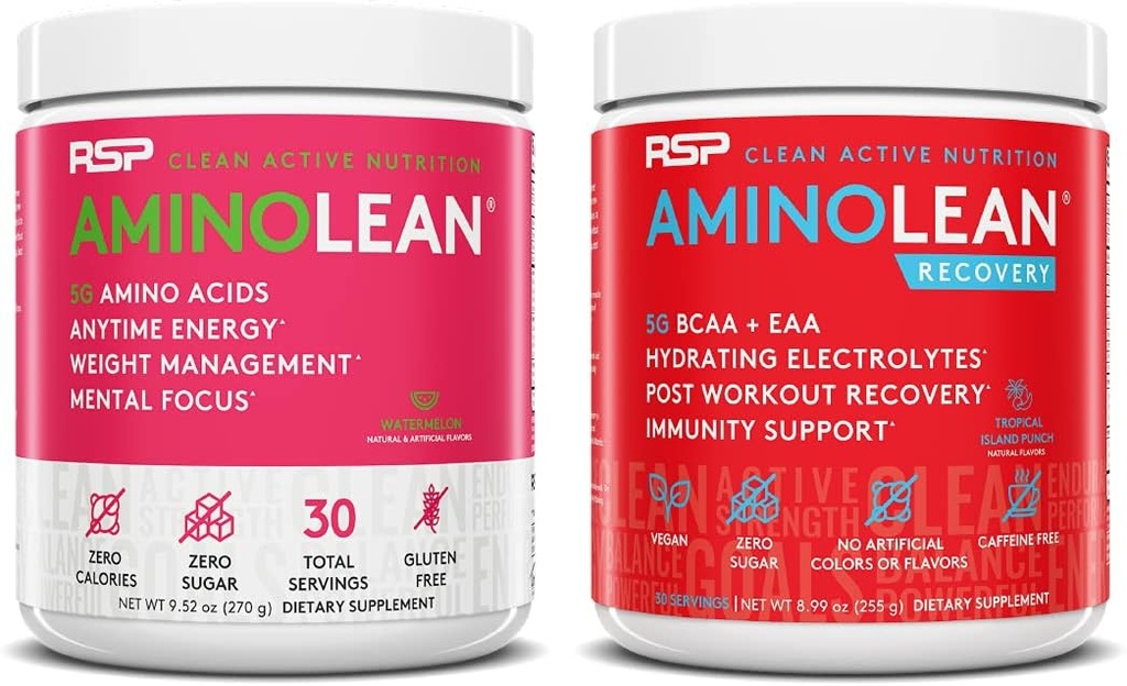 RSP NUTRITION AminoLean Pre Workout Energy (Watermelon 30 Servings) con AminoLean Recovery Post Workout Boost (Tropical Island Punch 30 Servings)