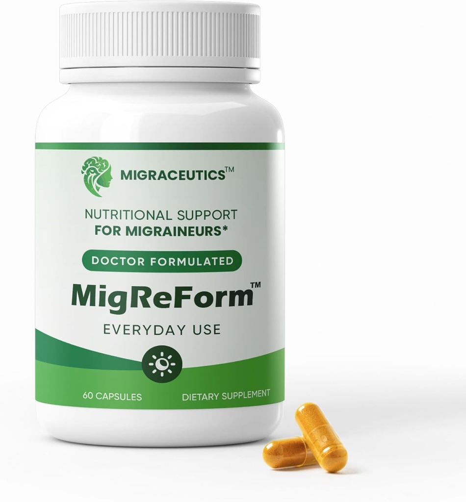 MigReForm Bottle of 60 - Doctor Formulated Migraine Relief Supplements - Natural Migraine Relief Support with Magnesium, Vitamin B2 & CoQ10 - Suplemento Migraine para Mujeres Hombres - Migraña Vitaminas