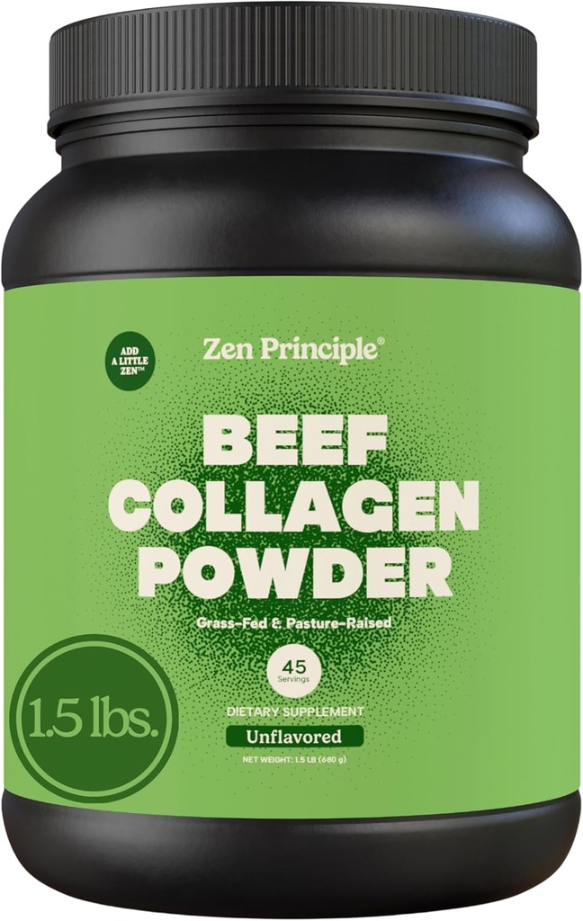Principio Zen Grass-Fed Agglomerated Collagen Peptides 1.5 lb. Anti-Aging Protein Powder for Healthy Hair, Skin, Joints. Paleo Friendly, GMO y Gluten Free, Pasture-Raised Bovine.