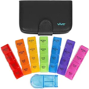 Vive organizador semanal de píldoras 4 veces al día - 7 días cajas de píldoras para la mañana, mediodía, noche - medicina extra grande, vitamina &amp; suplemento dispensador con caja de cuero Premium y cutter de Splitter