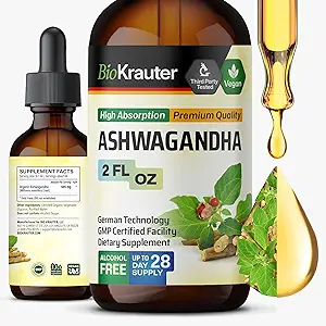 BIO KRAUTER Ashwagandha Liquid Drops - Ashwagandha Suplementos para la calma - Vegan Mood Support Drops - Alcohol &amp; Sugar Gratis - 4 Fl.Oz.