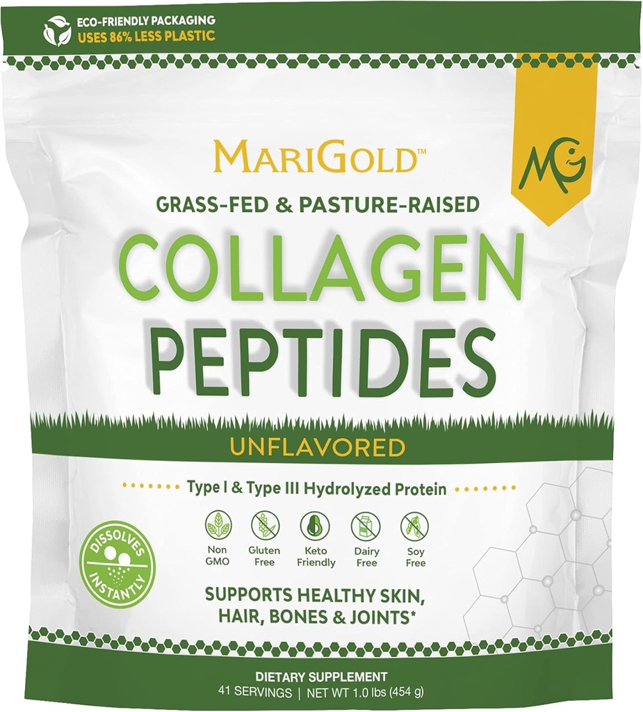 MariGold Grass-fed Collagen Peptides Powder Unflavored 1LB - 100% Pure, Type I & III Bovine Hydrolyzed Collagen, Non-GMO, Hormone-Gluten-Dairy Free, Keto-Friendly, Easy to Mix
