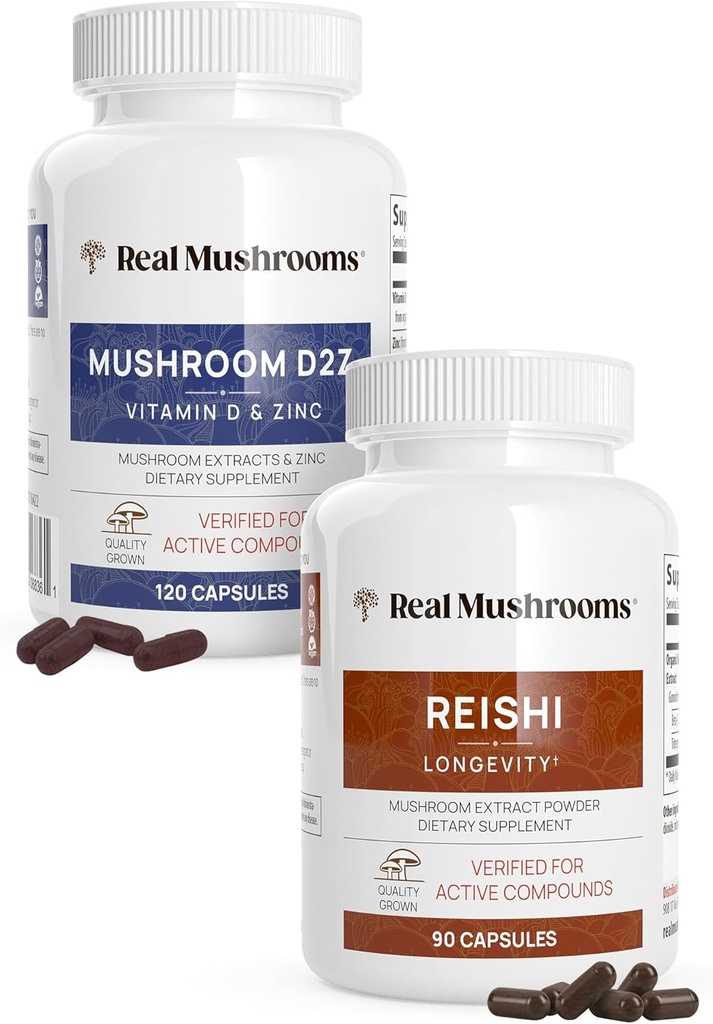 Real Mushrooms Vitamina D2, Zinc (120ct) y Reishi 415 (90ct) Bundle con Chaga - Apoyo natural para la inmunidad, mejor sueño y relajación - Vegan, Gluten Free, No GMO, Extractos de setas orgánicas