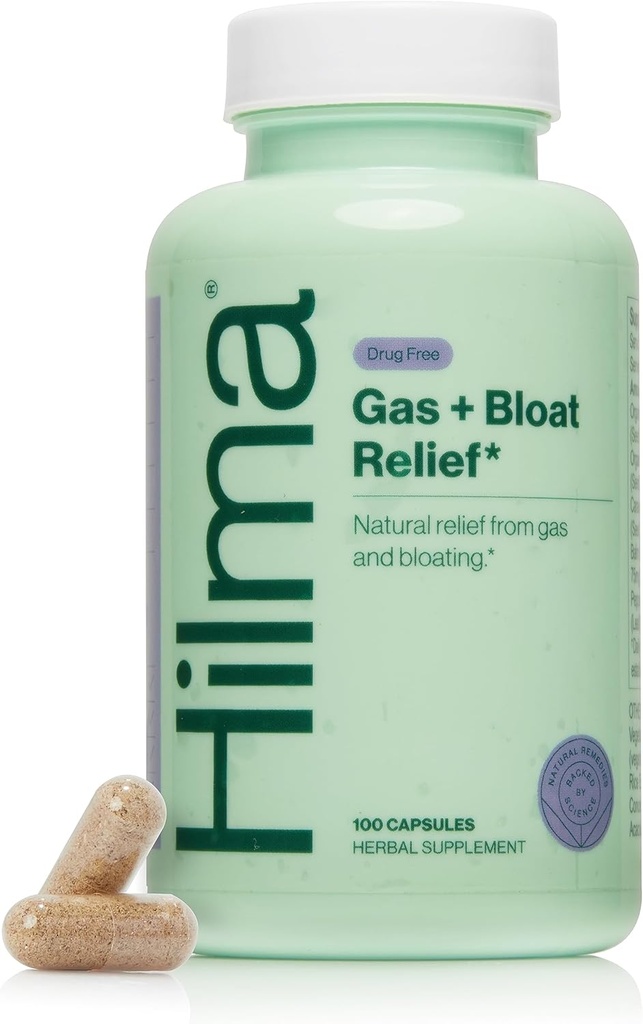 Hilma Natural Gas and Bloating Relief with Lemon Balm, Fennel & Peppermint Leaf, Doctor Formulado con Ingredientes Orgánicos, 100 cápsulas Vegan