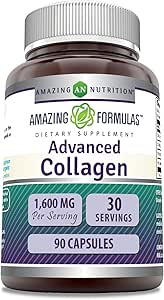 Amazing Formulas Advanced Collagen Supplement tención Collagen Type I, II & III with Vitamin C & Hyaluronic TEN 1600 Mg Per Serving TEN 90 Capsules TEN NO-GMO TEN Gluten-Free TEN Made in USA