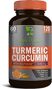 Curcumina Turmérica con Bioperina, Extracto de Pepper Negro para Absorción, Soporte Conjunto Natural y Salud General, 1500 mg por Servo, 120 cápsulas Vegan