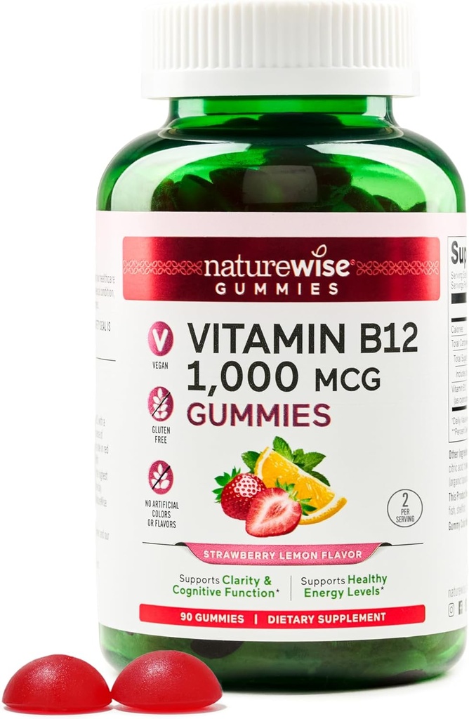 NatureWise Vitamin B12 Gummies for Adults, 1000 mcg - Strawberry Lemon Flavor - Supports Daily Energy, Mental Clarity, Cognitive Function - Vegan, Gluten-Free, Non-GMO - 90 Count[45-Day Supply]