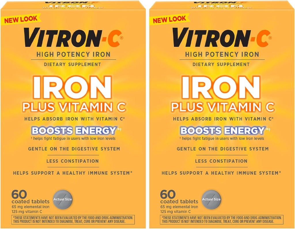 Suplemento de hierro Vitron-C, una vez al día, Hierro de alta potencia más vitamina C, apoyar la producción de células rojas de sangre, teñir tabletas gratis, 60 cuenta, 2 paquete