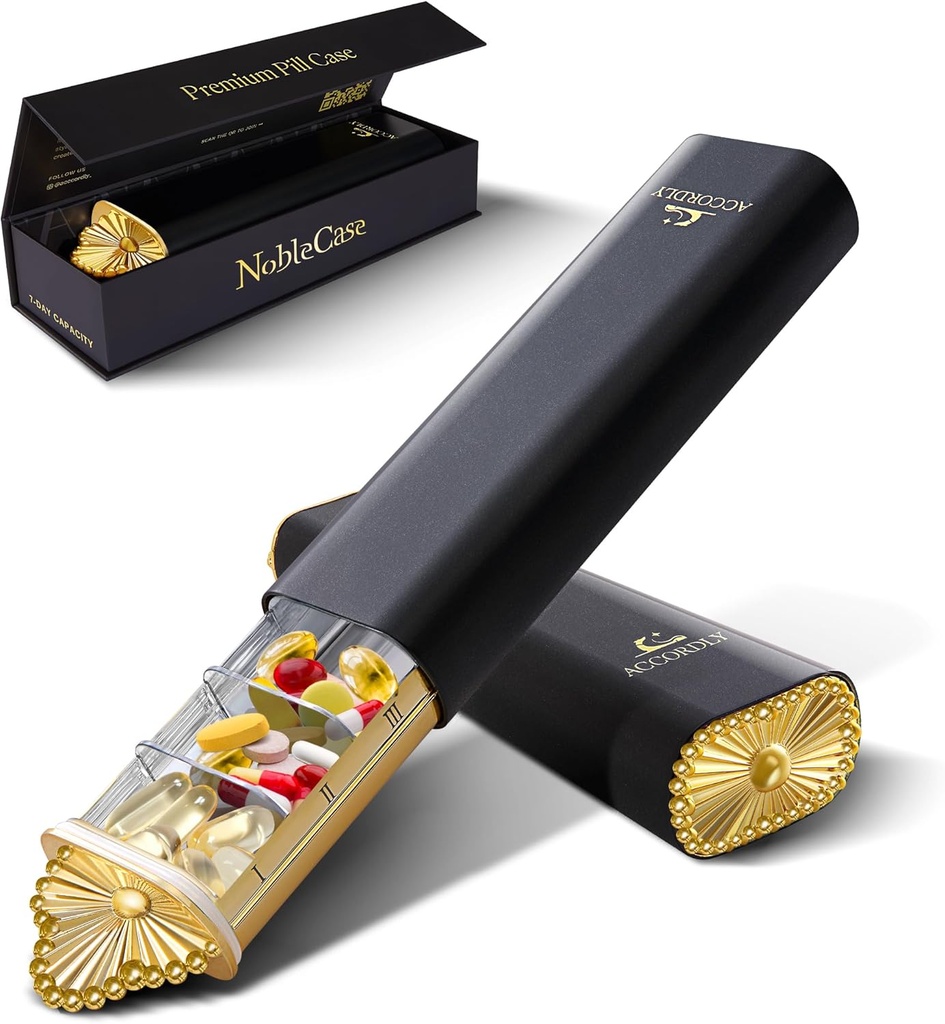 Premium organizador semanal de píldoras, caja compacta de 7 días para purse, caja de aluminio de oro ligero para vitaminas, medicina, suplementos, regalo de bienestar de lujo
