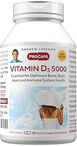 ANDREW LESSMAN Vitamin D3 5000 UI 60 cápsulas - High Potency, Essential for Calcium Absorption, Supports Bone Health, Healthy Muscle Function, Immune System, More. Small Easy to Swallow Capsules
