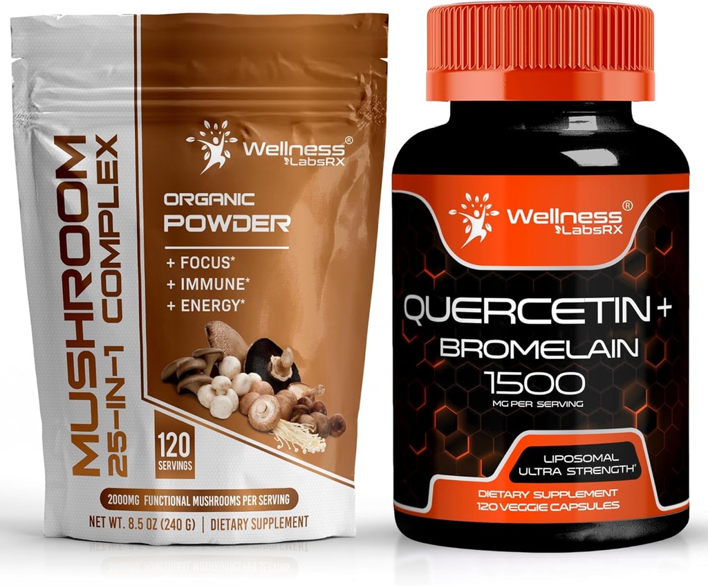 WELLNESS LABSRX Mushroom Powder 2000mg - Quercetina con Bromelain Suplemento - 1500mg