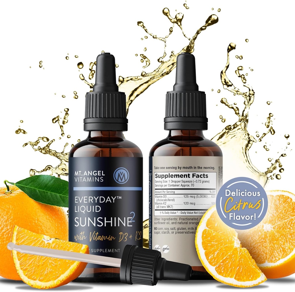 Mt. Angel Vitaminas - Vegan Vitamina D3 & K2 Liquid Supplement - 5000 IU D3, Trans MK7 K2 - Sin gluten, No GMO - Perfecto para adultos &amp; niños - Su dosis diaria de Sunshine ← K2 D3 Vitamin Supplement