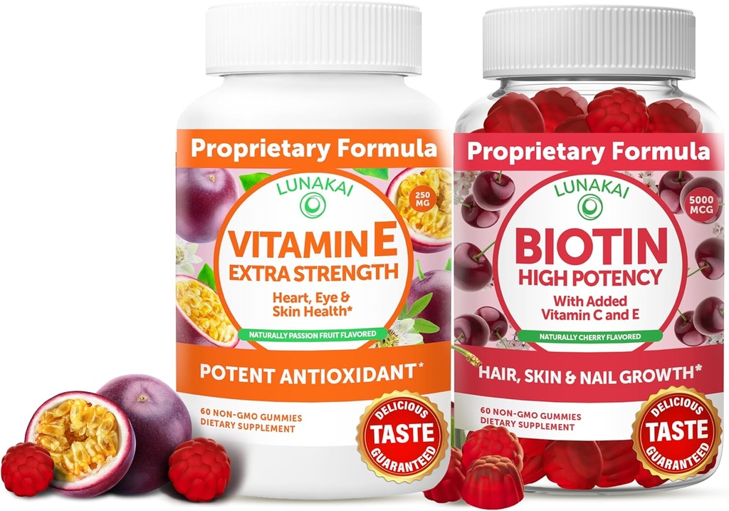 Lunakai Vitamin E and Biotin Gummies Bundle - 3000 mcg Gummies for Adults Energy Support and Bone Health - Vitamins for Hair, Skin and Youthful Appearance