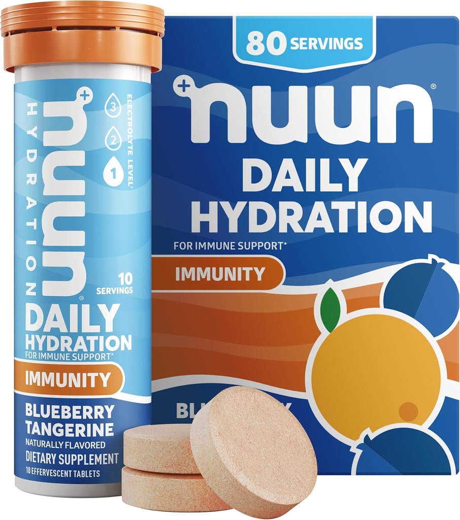 Nuun Immunity Electrolyte Tablets with Vitamin D, C, E, " A, Ginger, Elderberry, Magnesium " 4 Other Essential Electrolytes, Vegan, Blueberry Tangerine, 8 Pack (80 Servings Total)