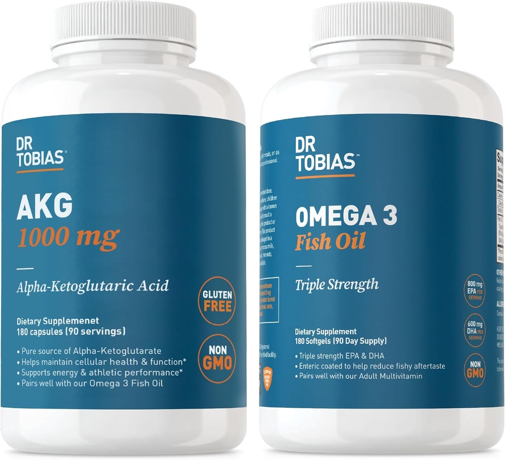 Dr. Tobias AKG Suplemento " Omega 3 Fish Oil, Support Cellular Energy " General Health with AKG and Triple-Strength Omega 3 EPA " DHA, Non-GMO