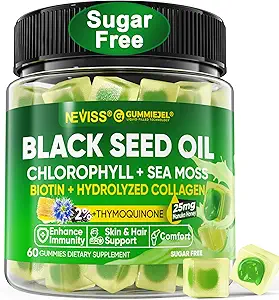 Black Seed Oil Gummies, Chlorophyll & Sea Moss Supplement 500mg, Biotin 500mcg with Hydrolyzed Collagen for Skin, Hair & Nails, Vit E, C, Zinc for General Health, Organic Cold Pressed, High Absorption