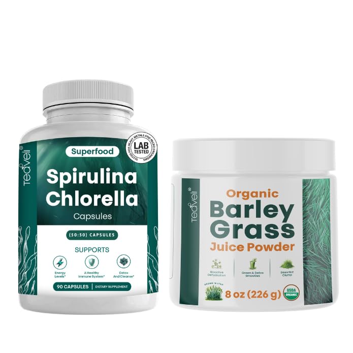 Teaveli Spirulina and Chlorella Capsules and Orgaic Barley Grass Juice Powder Bundle
