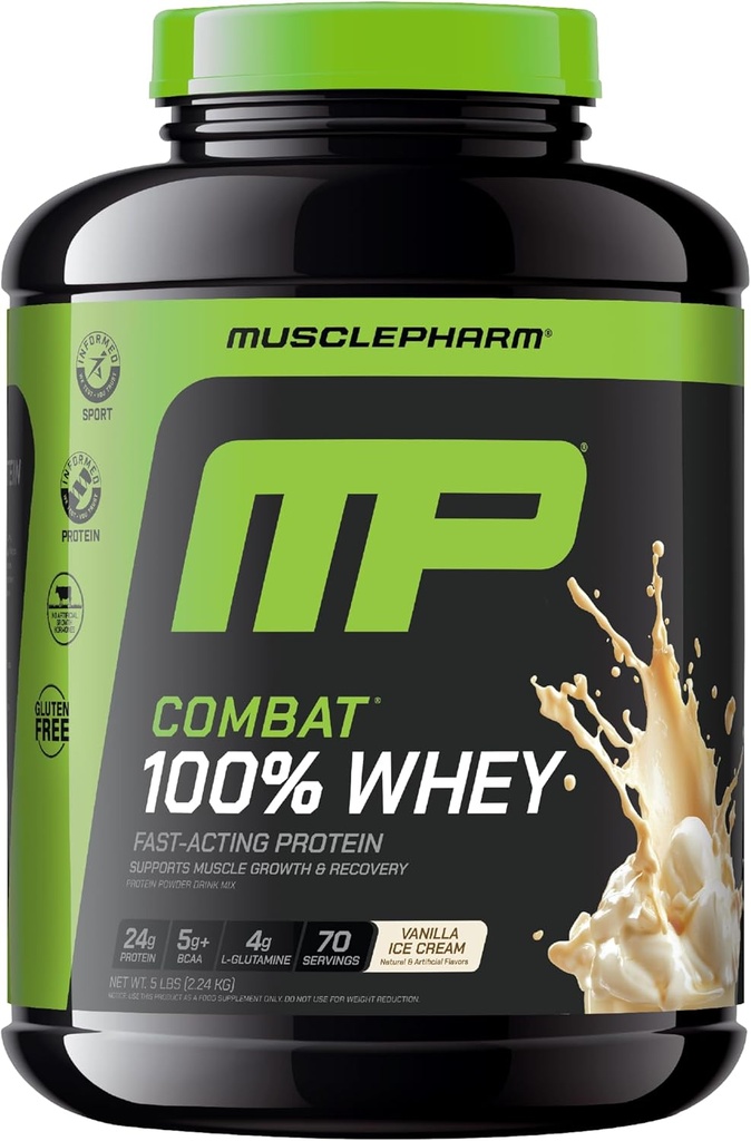 MusclePharm Combat 100% Whey Protein Powder, Vanilla Flavor, Fast Recovery &amp; Muscle Gain with Whey Protein Isolate, High Protein Powder for Women &amp; Men, Gluten Free, 5 lb, 70 Servings