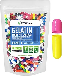 XPRS Nutra Size 1 Empty Capsules - 500 Count Empty Gelatin Capsules - Pill DIY Capsule Filling - Pure Bovine Pill Gel Caps for Do-It-youself Supplements (Multi Color)