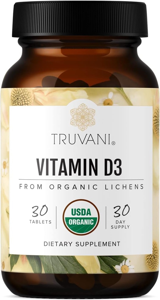 Truvani Vitamina Orgánica D3 - Fundada en plantas, USDA Orgánica, Libre de gluten, No GMO, Vegan D3 Suplemento - Soportes Hueso, Inmune &amp; Cerebro Salud - 30 Tabletas