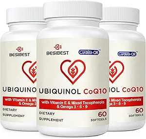 Ubiquinol CoQ10-600mg-Softgel, Active Coq10 Ubiquinol Suplemento con Vitamina E &amp; Omega 3, 6, 9, High Absorption-Coenzyme-Q10, Powerful Antioxidant for Energy Production, Tested, 180 Count