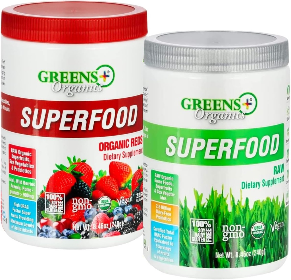 Verdes+ Rojos Ecológicos Superalimentos Polvo Orgánico RAW Superalimentos Powder Apoyo energético Boost, Nutrición, Salud Vibrant, Suplemento dietético, Vegan, Soy/Dairy/Gluten Gratis