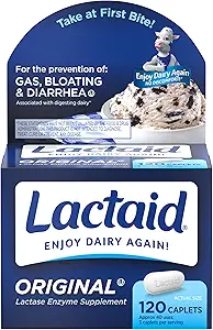 Lactaid Original Strength Lactose Intolerance Caplets with Natural Lactase Enzyme, Dietary Supplement to Help Prevent Gas, Bloating & Diarrhea Due to Lactose Sensitivity, 120 ct