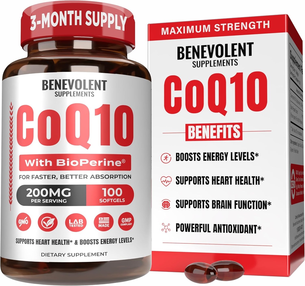 Benevolent Pure CoQ10 200mg Softgels con BioPerine® para Max Absorción, Ubiquinone Coenzyme Q10 Suplemento para la salud del corazón, la producción de energía, el envejecimiento saludable y el soporte antioxidante, 100 Softgels