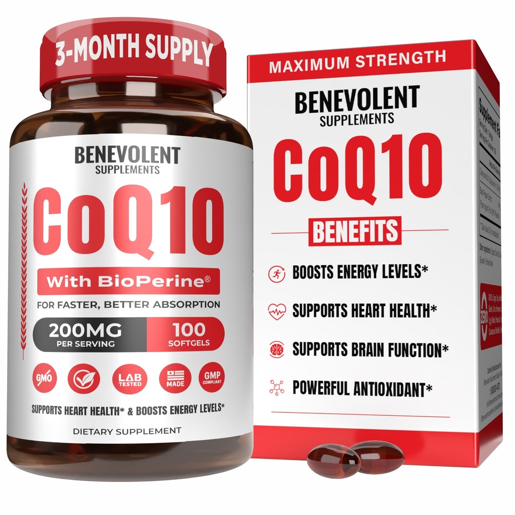 Benevolent Pure CoQ10 200mg Softgels con BioPerine® para Max Absorción, Ubiquinone Coenzyme Q10 Suplemento para la salud del corazón, la producción de energía, envejecimiento saludable " soporte antioxidante, 100 Softgels