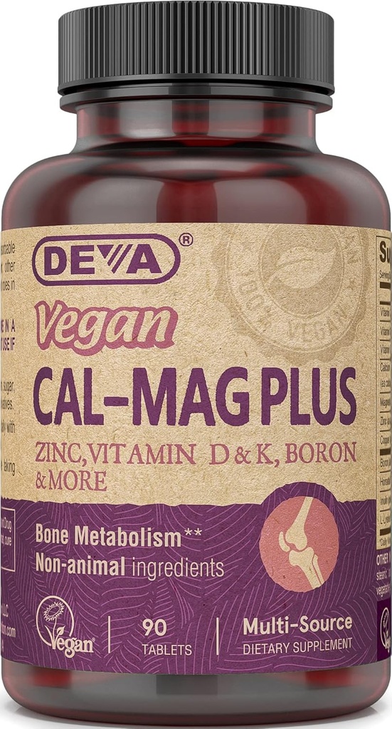 DEVA Vegan Cal MAG Plus Supplement with Calcium, Magnesium, Zinc, Boron, Vitamin C, D & K, 90 Tablets, 12-Pack
