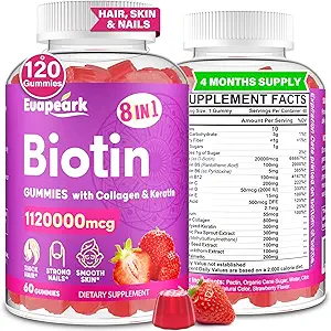 Biotin Gummies for Women and Men, 8 in 1 Organic Formula, Max Strength Biotin y Collagen Gummies with Keratin, Folic Acid & Vitamins, for Hair Growth, Skin and Nails Supplement, Sugar Free,120 Count
