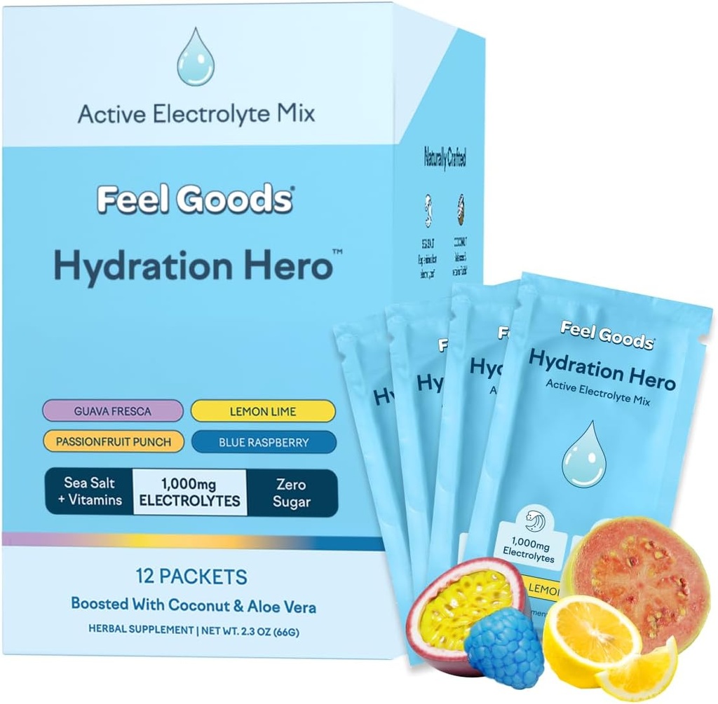 Siente los bienes Hidratación Héroe, Variedad Pack, 1000 mg Electrolitos Polvo, Sugar Gratis, Magnesio, Aloe Ecológico Vera, L Theanine, Vitamina C, Vegan, No GMO, En los paquetes de electrolitos Go, 12 Cuenta