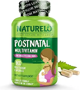 NATURELO Postnatal Multivitamin - Suplemento para lactancia materna - Vitamina D de base vegetal, folato, hierro suave - para la madre de enfermería, bebé - Post Natal Lactation Support 180 Capsules