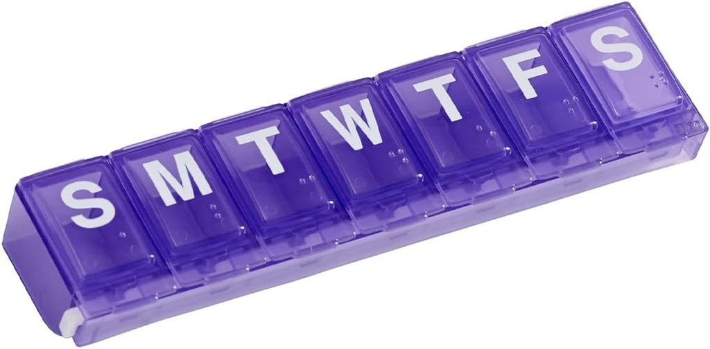 EZY DOSE Planificador semanal de píldoras (7 días), caja de medicina, caja de organizadores de vitaminas, grandes compartimientos de bloqueo para medicamentos de prescripción segura y prevenir el espiramiento accidental, púrpura