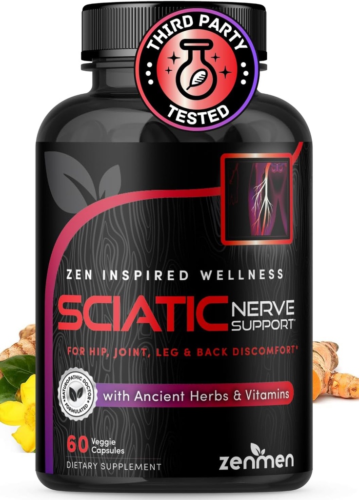 Sciatic Nerve Support Capsules - Manage Lower Back, Joint & Leg Issues - Vitaminas B1, B6, B12 &amp; Magnesium with Natural Herbs - 60 Vegan Capsules, Third Party Tested, 30 Day Supply, Made in The USA