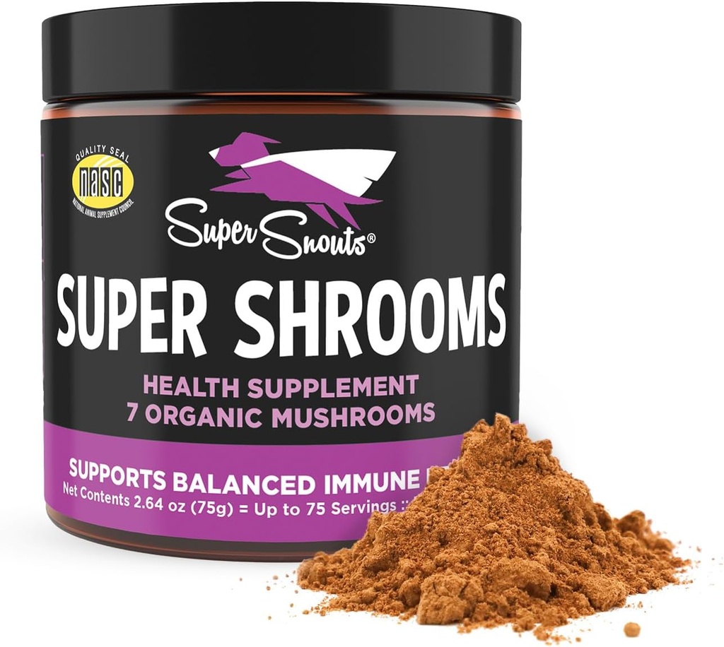 Super Snouts Super Shrooms Mushroom Immune Support Suplemento para perros y gatos, 2.64 oz - Hecho en EE.UU. Orgánica No GMO, Immune Health for Strong Immunity, 7 Mushroom Blend Powder