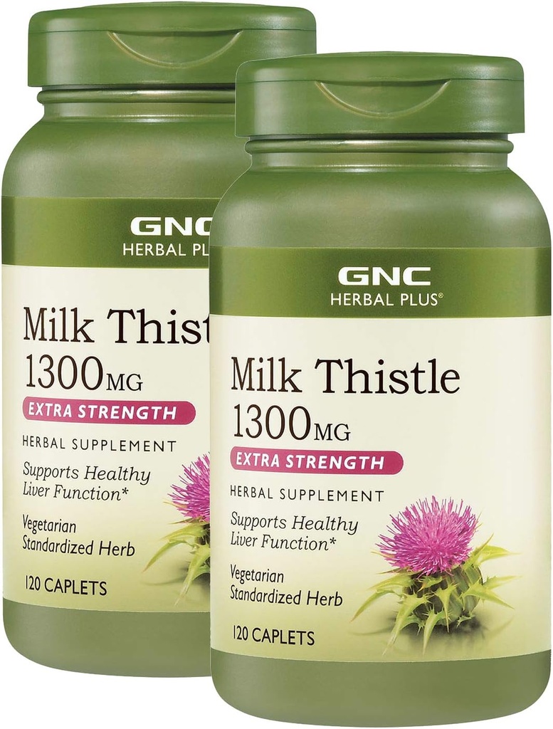GNC Herbal Plus Milk Thistle 1300mg, Twin Pack, 120 Caplets por Bottle, Supports Healthy Liver Function