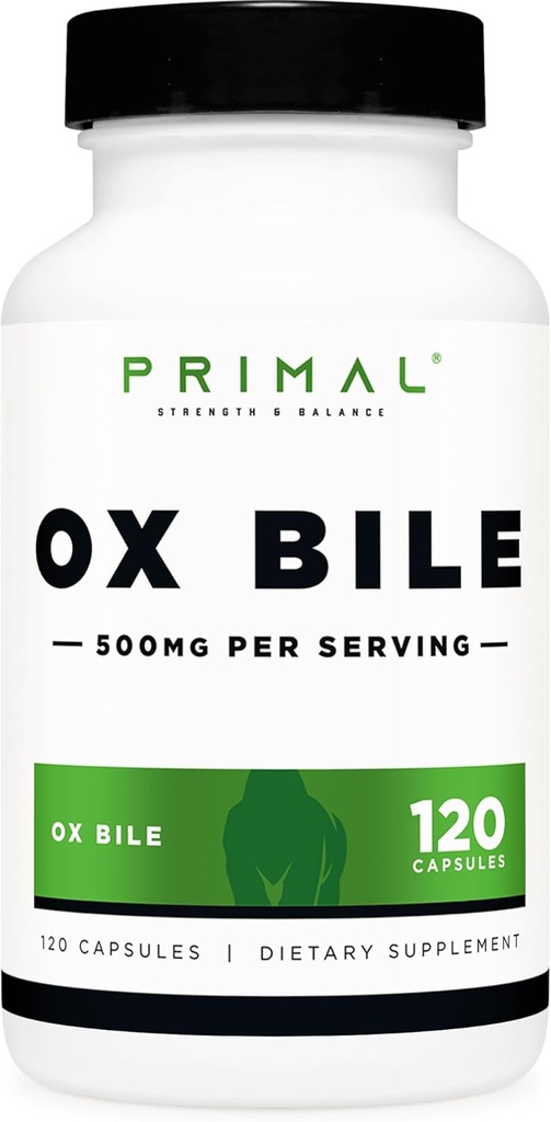 Primal Ox Bile (120 cápsulas, 500 MG por servicio) - Gluten-Free, Non-GMO, Third-Party Tested