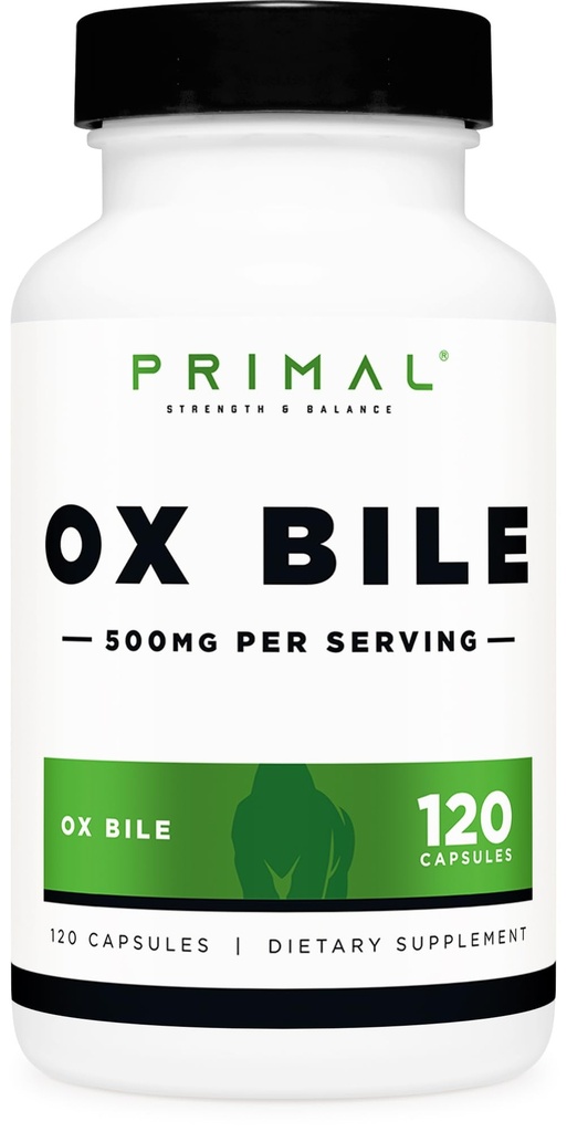 Primal Ox Bile (120 cápsulas, 500 MG por servicio) - Gluten-Free, Non-GMO, Third-Party Tested