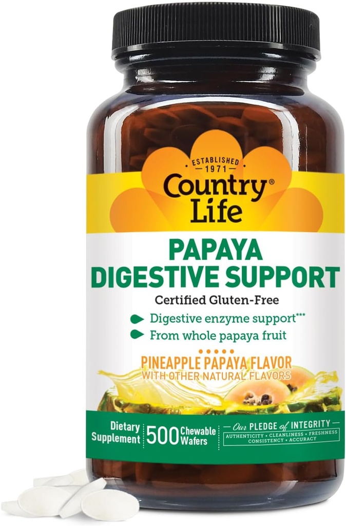 Country Life Chewable Papaya Enzymes for Digestion Support - Natural Pineapple & Papaya Flavor, Assists with Nutrient Absorption, Contains Papain " Protease - 200 y 500 Wafers Available