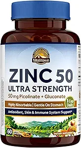 Vitalitown Chelated Zinc 50 mg, Zinc Picolinate & Gluconate, 60 cápsulas vegetarianas, Well-Absorbed, Immune System, Healthy Skin &amp; Development, Vegan, NO Gluten, Non-GMO