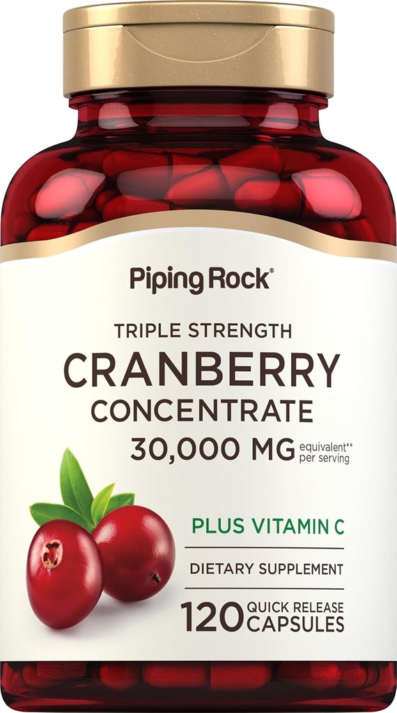 Piping Rock Cranberry Pills TEN 30,000 mg TENIDO 120 cápsulas TENIDO Suplemento para Mujeres &amp; Hombres TENIDO Triple Strength Concentrate Extract Plus Vitamina C ← Non-GMO, Gluten Free