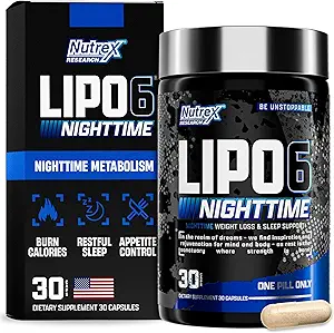 Nutrex Lipo 6 Nighttime Fat Burner  Melatonin Sleep Aid &amp; Weight Loss Diet Pills for Hombre and Women ← Night Time Metabolism Booster Appetite Suppressant ← 30 Servings (1)