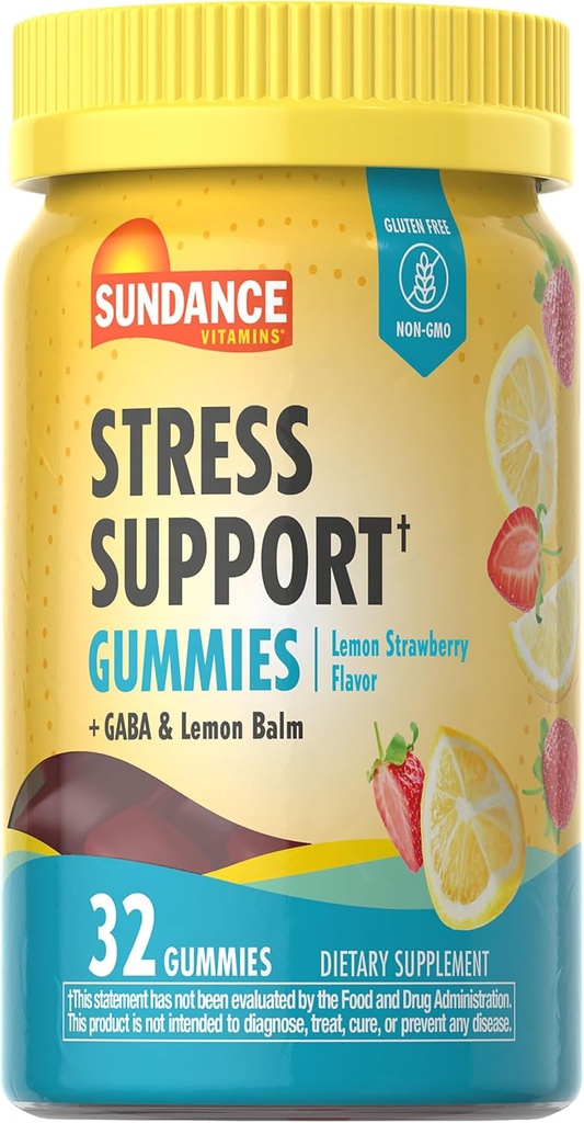 Sundance Stress Support Gummies Silencio 32 Conde Silencio con GABA y Lemon Balm Silencio Lemon Strawberry Flavor ← Non-GMO y Gluten Free Supplement
