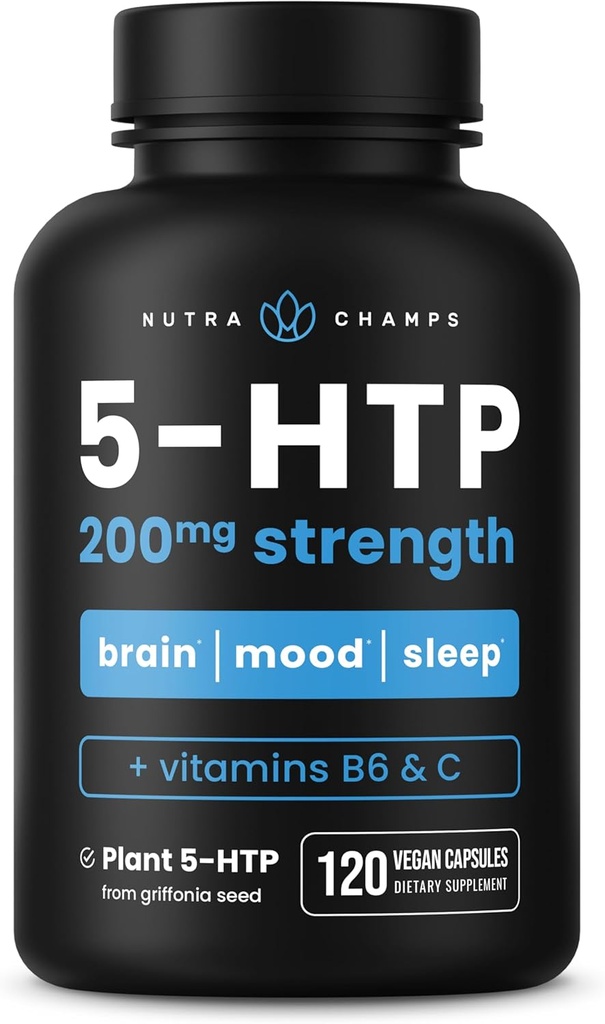 NutraChamps 5-HTP 200mg, 120 Vegan Capsules, Pure 5HTP 100mg Plus Co-Factors Vitamin B6 & Vitamin C