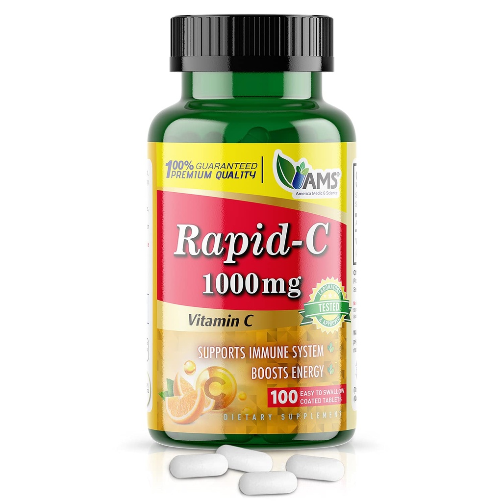 America Medic &amp; Science Rapid-C 1000mg Vitamina C Suplemento (1 Pack of 100 Tablets) Energy Booster, Daily Immune System Support, Antioxidant ¦ Vegan, Non-GMO Coated Ascorbic Acid for Adult Men &amp; Women