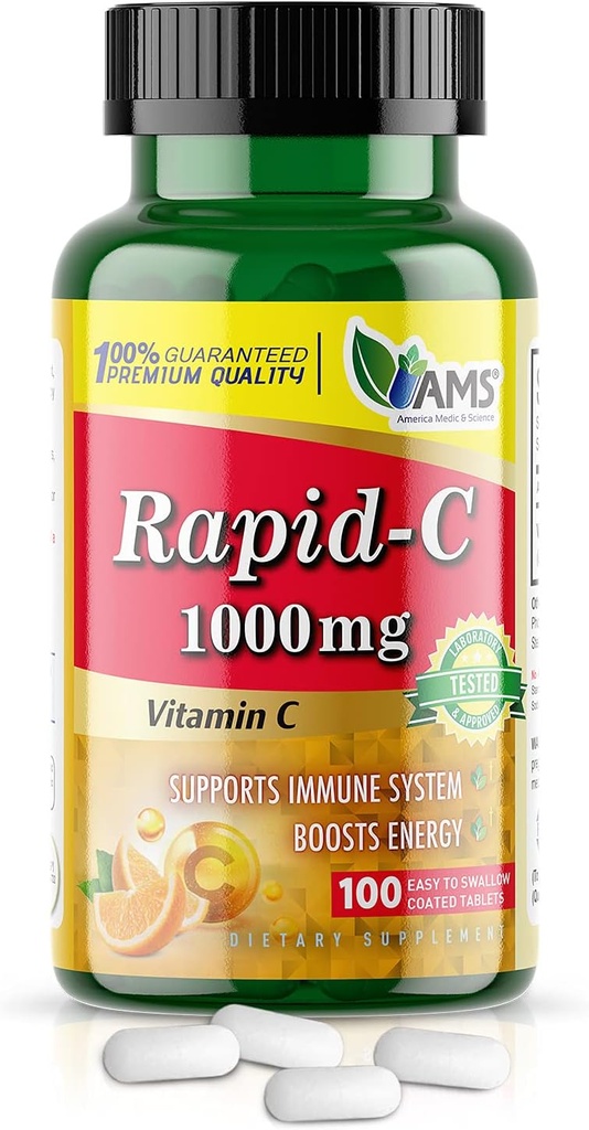 America Medic &amp; Science Rapid-C 1000mg Vitamina C Suplemento (1 Pack of 100 Tablets) Energy Booster, Daily Immune System Support, Antioxidant ¦ Vegan, Non-GMO Coated Ascorbic Acid for Adult Men &amp; Women