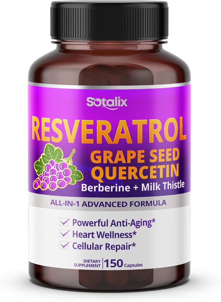 Resveratrol with Grape Seed + Quercetin Berberine + Milk Thistle Powerful Anti-Aging - USA Made " Tested (150-day Supply (Pack of 1))
