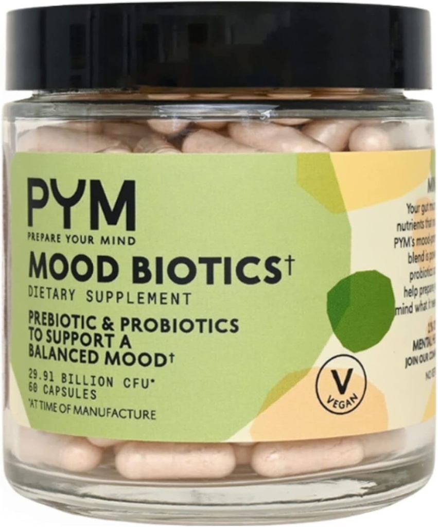 Prebióticos y Probióticos Mood Biotics por PYM con 22.91 Billion CFU (60 Conde) Gut Health &amp; Mood Support Suplemento No-GMO, Vegan, Gluten Free